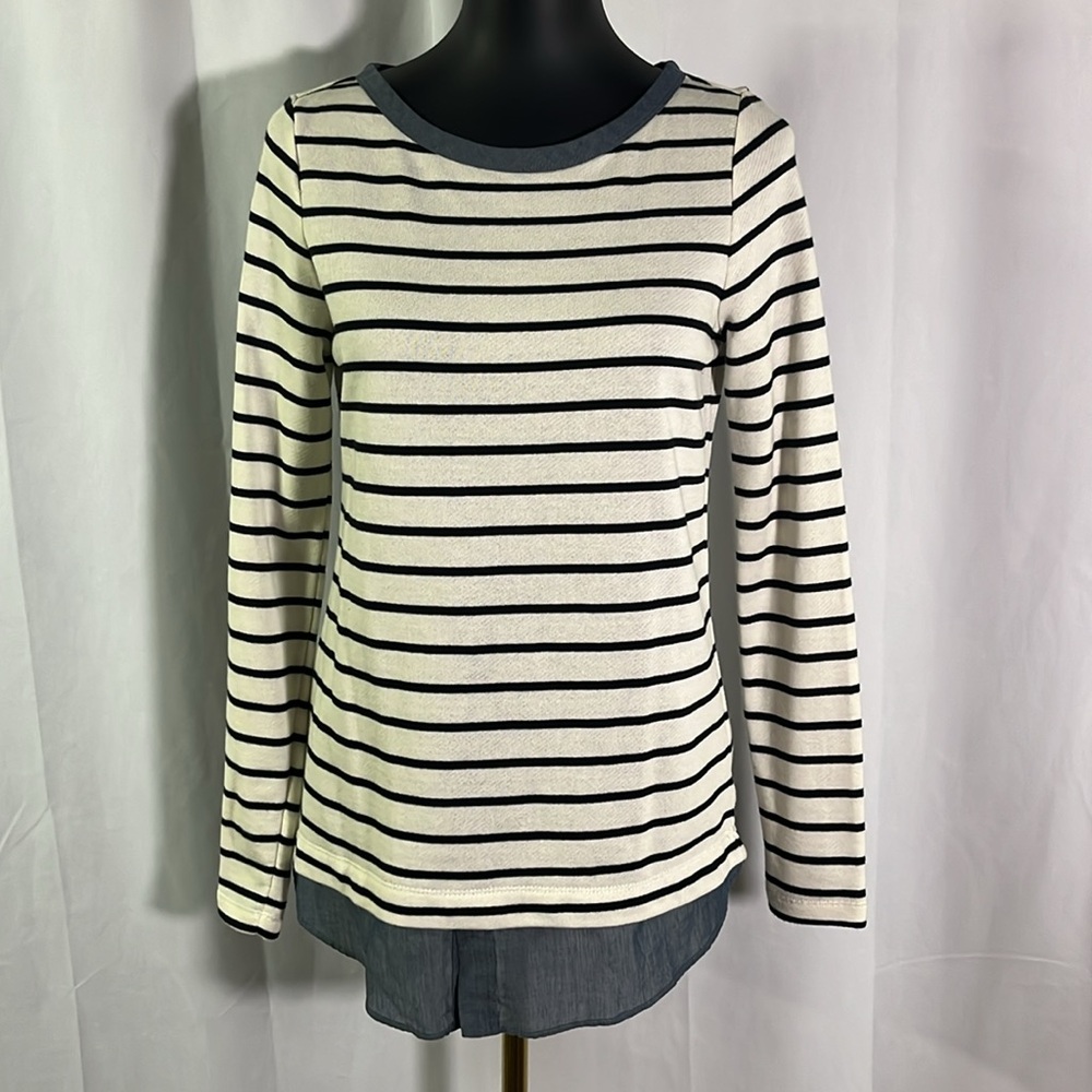 NWT LOFT Outlet Black & White Striped Chambray Long Sleeve Twofer Shirt